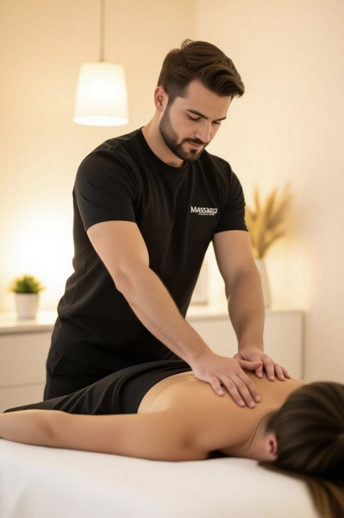 Deep tissue massage therapist London at Massaggi performing effluerage movement.