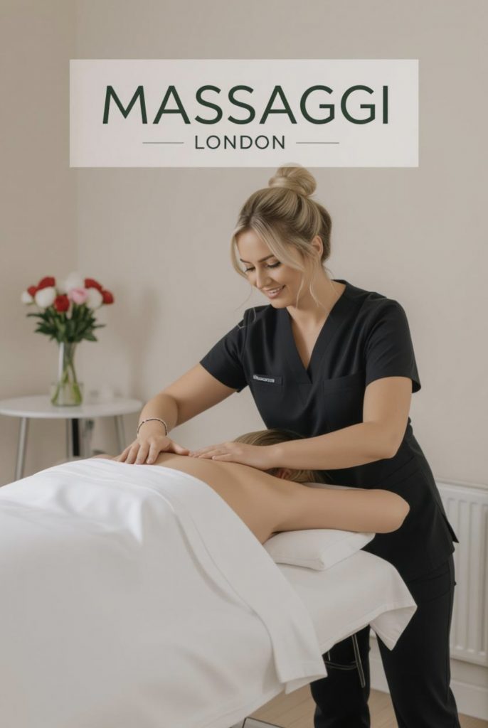 A deep tissue massage therapist in London is conducting a session at the Massaggi Studio.